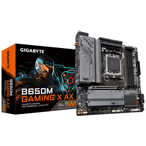 Материнская плата Gigabyte B650M GAMING X AX, Socket AM5, AMD B650, 4xDDR5-5200, HDMI+DP+DP, 1xPCI-Ex16, 1xPCI-Ex1, 4xSATA3(RAID 0/1/10), 2xM.2, 8 Ch Audio, 2.5GLan, WiFi, (4+4)xUSB2.0, (3+2)xUSB3.2, (1+1)xUSB3.2 Type-C™, 1xPS/2, mATX, RTL {}